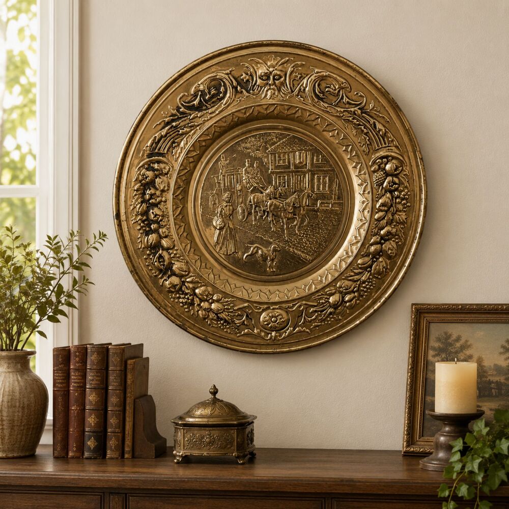 Vintage Large Embossed Brass Wall Charger Plate | Horse Carriage Village Scene